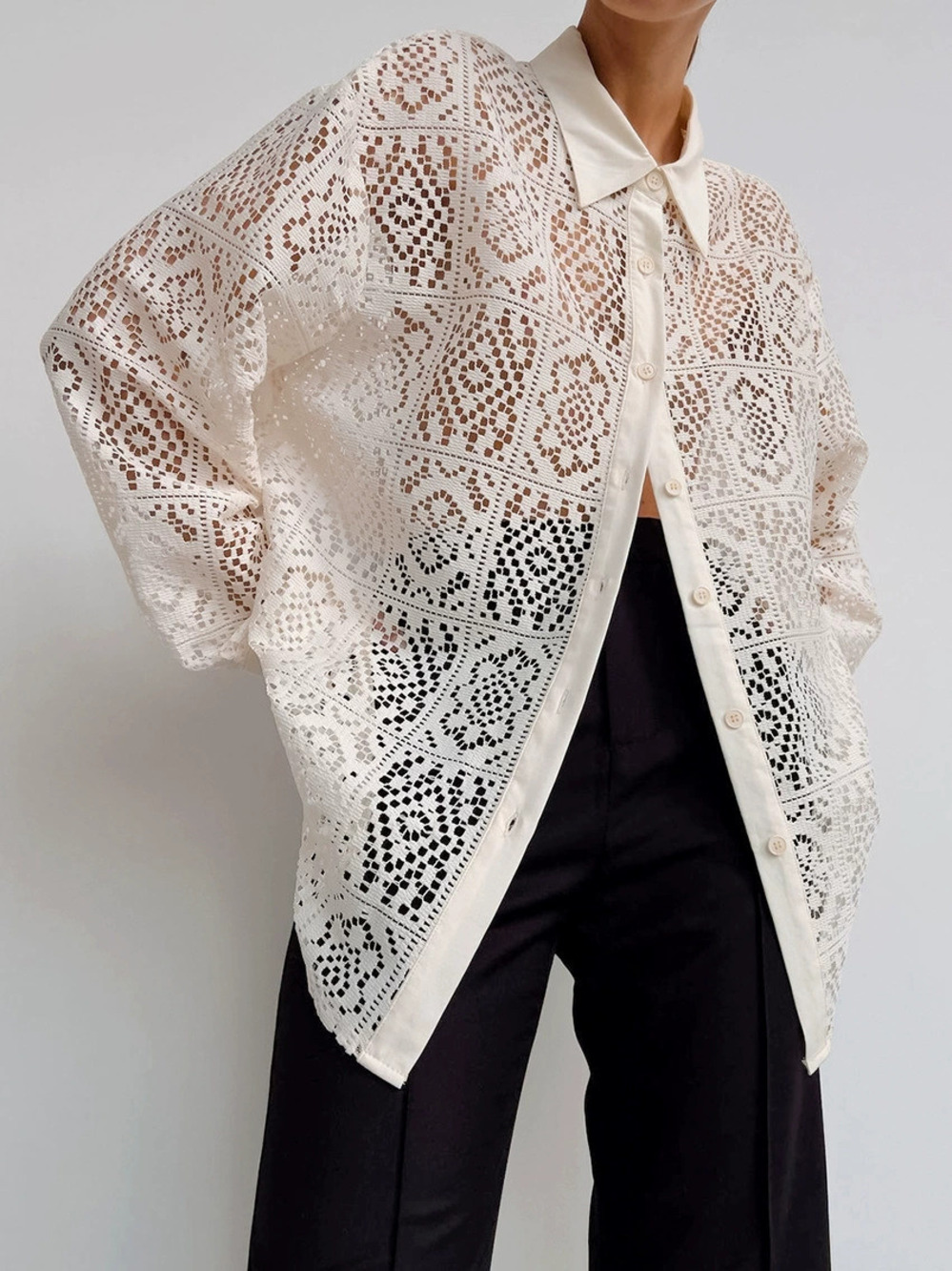 Forever 21 Beige Lace Blouse Spring Hollow Out Loose Sun Protection Shirt